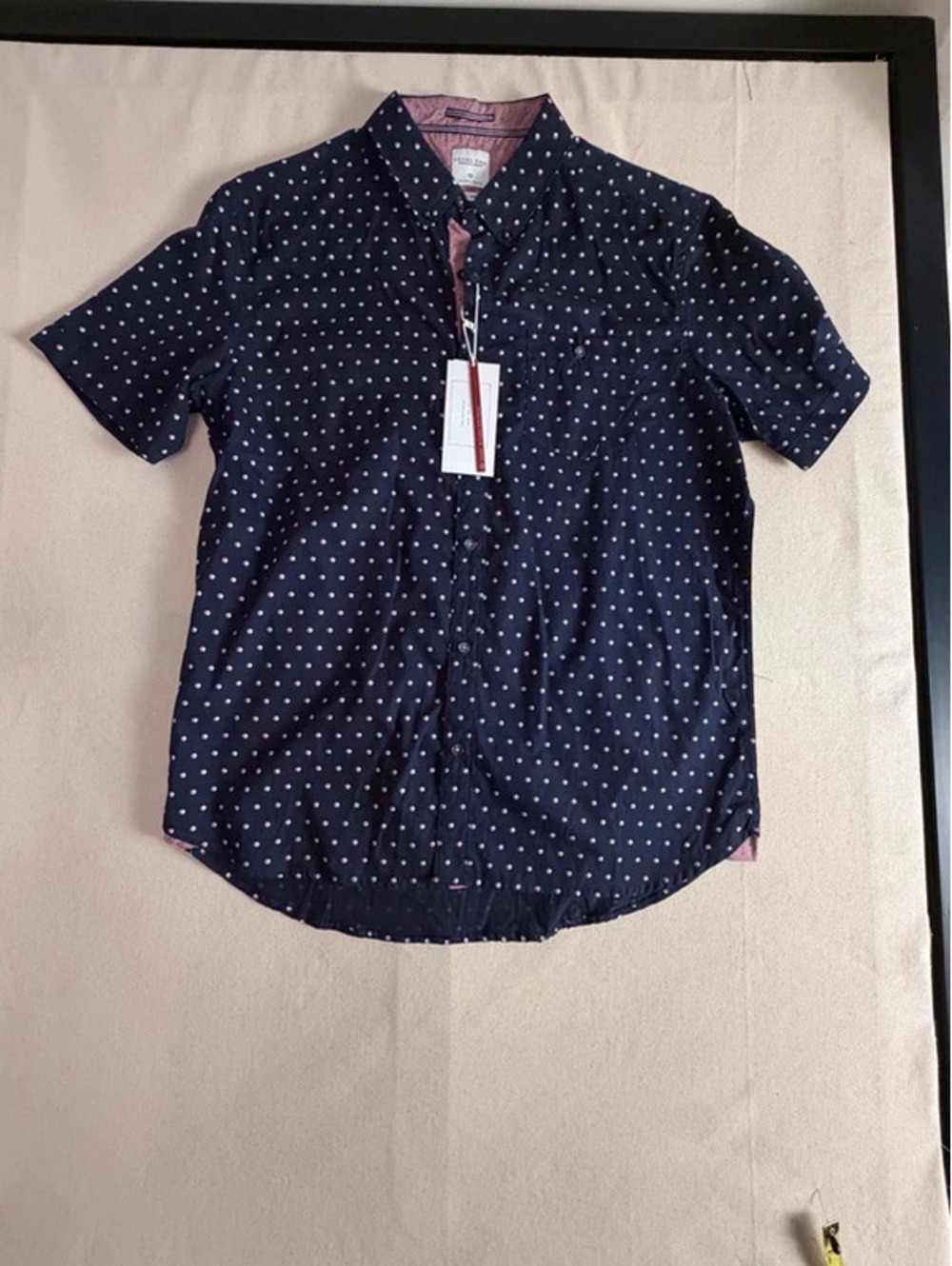Level Ten Men’s Navy Pink Dot Short Sleeve Button Down Shirt Large NWT